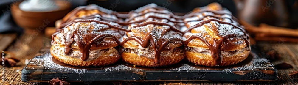 Delicious chocolate-drizzled cream puffs dusted with powdered sugar on a rustic wooden board, perfect for dessert and pastry enthusiasts. Delicious chocolate-drizzled cream puffs dusted with powdered sugar on a rustic wooden board, perfect for dessert and pastry enthusiasts.
