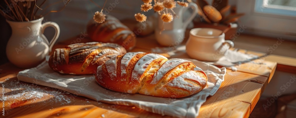 Freshly baked artisan bread on a rustic wooden table with natural sunlight streaming through a nearby window. Freshly baked artisan bread on a rustic wooden table with natural sunlight streaming through a nearby window.