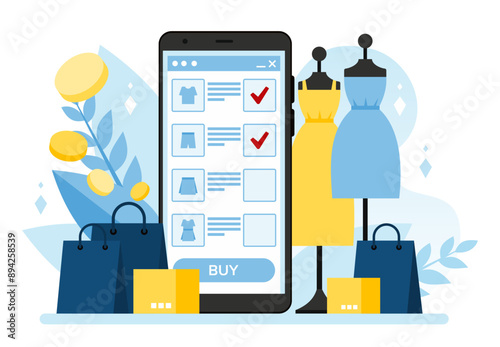 A phone with online shopping function surrounded by bags, boxes and mannequins with clothes. An application for an online clothing store for a smartphone. Clothing sale. Vector in a flat style