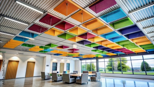 Vibrant colorful acoustic panels suspended from modern ceiling, adding visual appeal and sound absorption to sleek corporate or educational space.