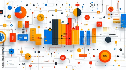 Business strategy development with abstract planning and competitive analysis. Minimalist UI in a flat illustration style on a white background with bright Color scheme, dribble, flat Illustration ,