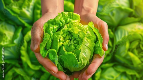 Close-up of a person's hands holding fresh green lettuce against a background of more lettuce. Perfect for health and organic produce themes.
