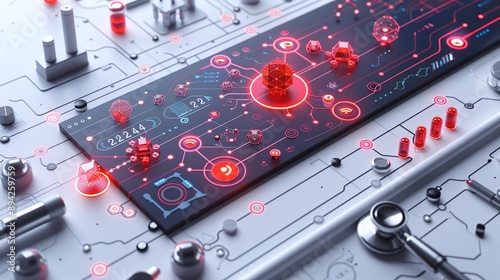 Advanced technology in healthcare with abstract medical devices and biotechnology. Minimalist UI in a flat illustration style on a white background with bright Color scheme, dribble, flat