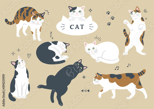 かわいい猫のポーズとあしらいのイラスト