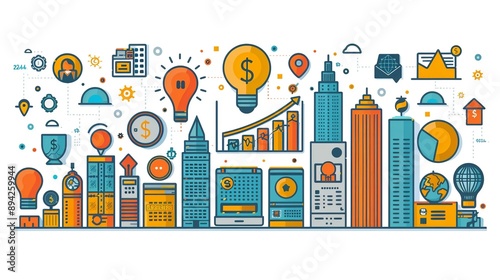 Financial planning and investment with abstract financial literacy and wealth management. Minimalist UI in a flat illustration style on a white background with bright Color scheme, dribble, flat