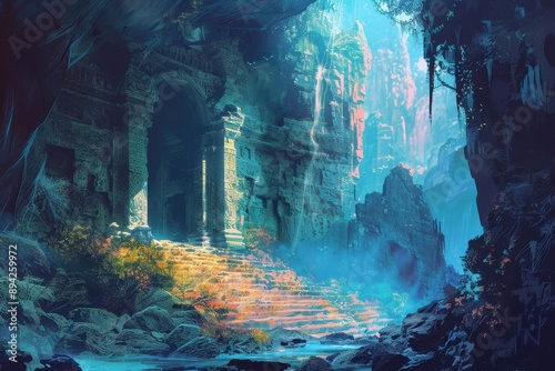 Ancient temple ruins overgrown by jungle vegetation in a flooded cavern photo