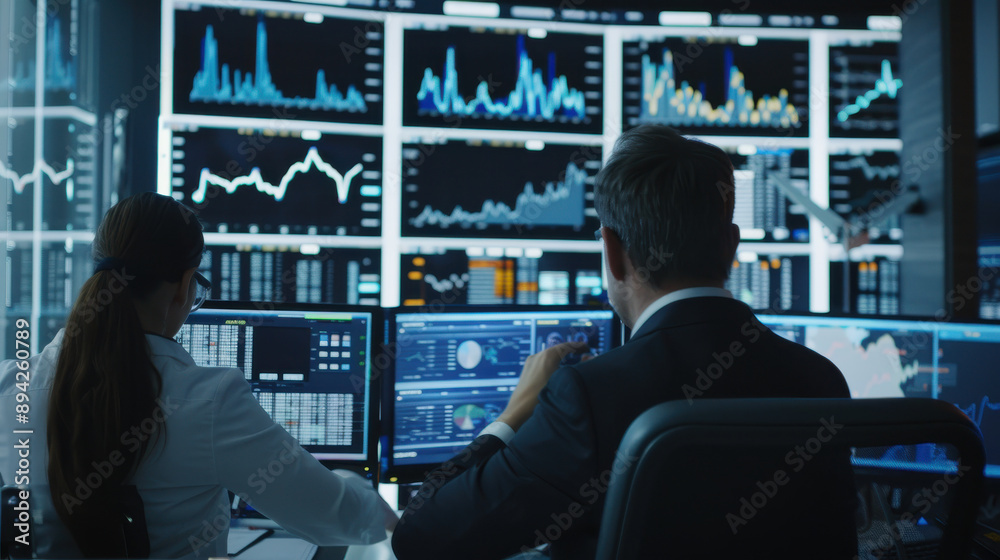 Team of financial analysts working at a financial institution, surrounded by charts and data screens Team of financial analysts working at a financial institution, surrounded by charts and data screens