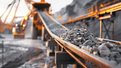 Close-up of rocks on a conveyor belt system in an industrial mining or quarry environment with heavy machinery in the background. photo