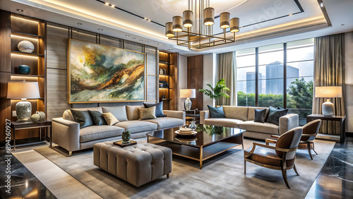 modern living room, High-End Living Room with Designer Furniture and Art Pieces