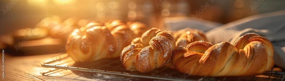Freshly baked croissants and pastries on a cooling rack with warm morning sunlight filling the cozy kitchen. Freshly baked croissants and pastries on a cooling rack with warm morning sunlight filling the cozy kitchen.