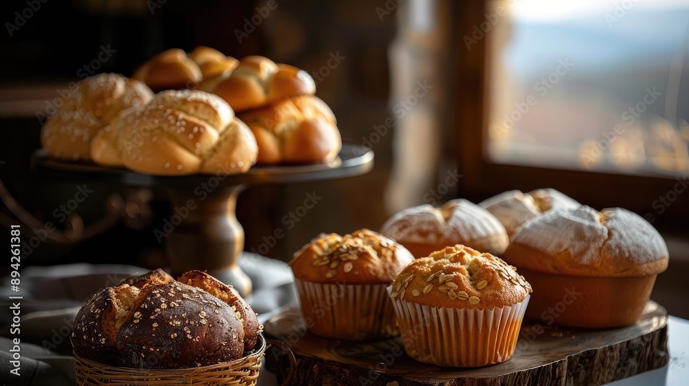Freshly baked breads and muffins displayed on a wooden table with a rustic backdrop, ideal for bakery, food, and dining concepts. Freshly baked breads and muffins displayed on a wooden table with a rustic backdrop, ideal for bakery, food, and dining concepts.