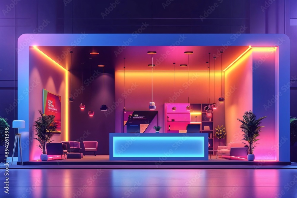 A vibrant and modern reception area featuring colorful neon lights and sleek furniture, perfect for contemporary design inspiration.