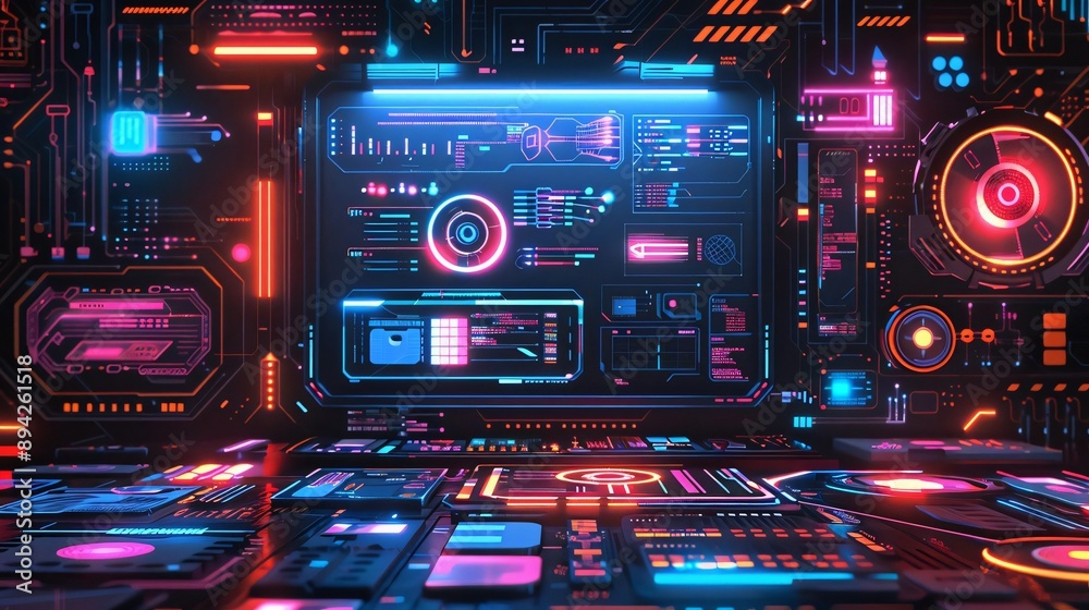 Futuristic digital interface with vibrant colors and intricate patterns, perfect for technology and sci-fi themes. Futuristic digital interface with vibrant colors and intricate patterns, perfect for technology and sci-fi themes.