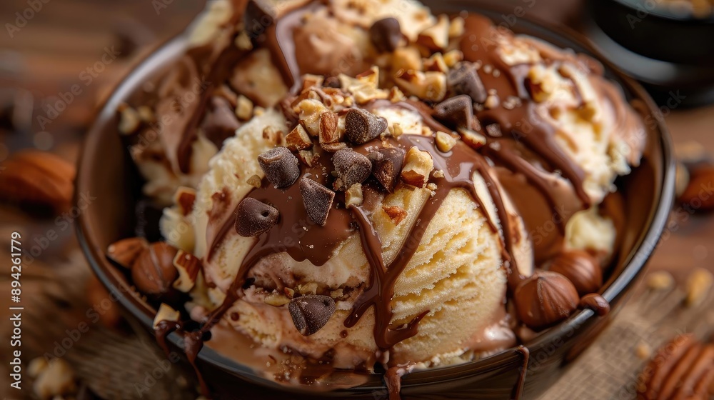Delicious bowl of vanilla ice cream topped with chocolate sauce, nuts, and chocolate chips, perfect for a sweet treat or dessert. Delicious bowl of vanilla ice cream topped with chocolate sauce, nuts, and chocolate chips, perfect for a sweet treat or dessert.