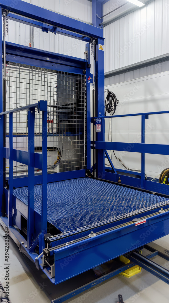 Fototapeta premium An industrial freight elevator platform used for handling cargo or manned operations during construction