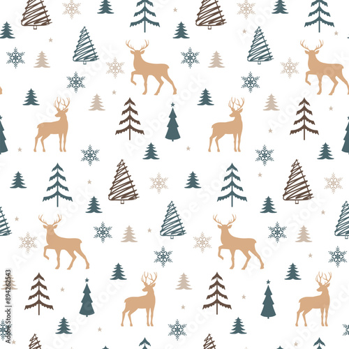Seamless psttern with christmas trees and reindeer. Winter pattern