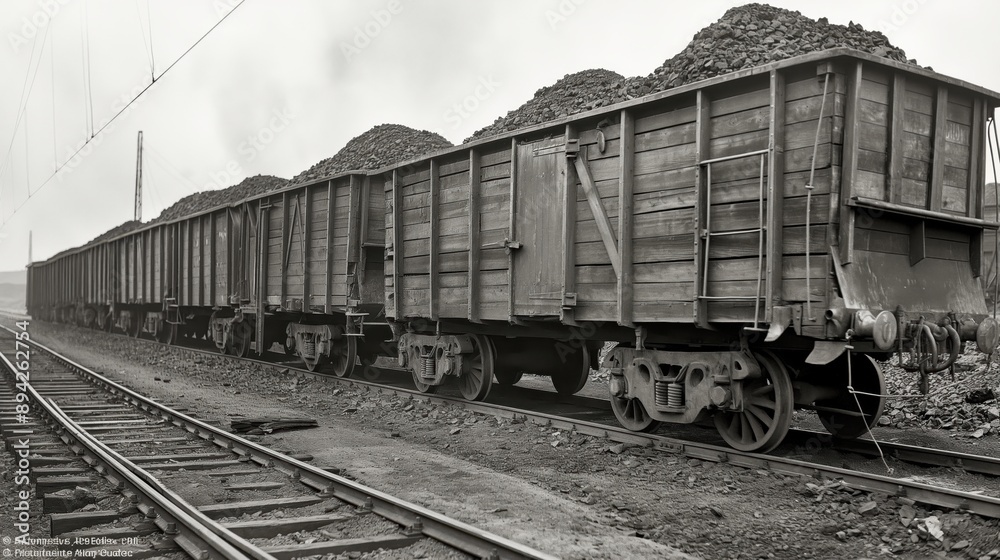 Black and white image of open freight train cars loaded with crushed rock on railway tracks. Black and white image of open freight train cars loaded with crushed rock on railway tracks.