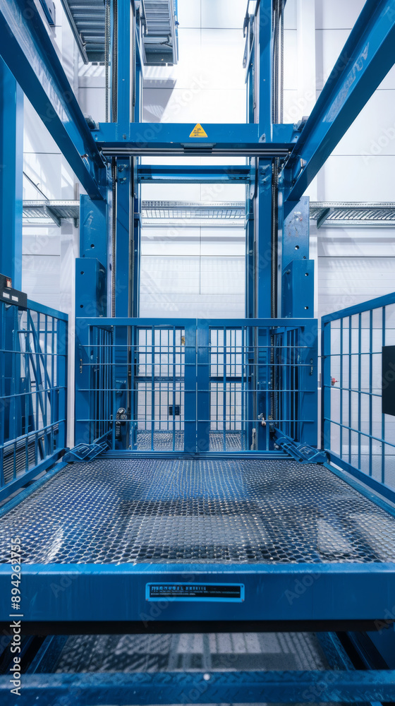 Fototapeta premium An industrial freight elevator platform used for handling cargo or manned operations during construction