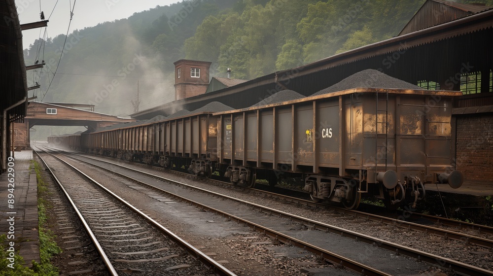 Railway station with a long line of freight train cars loaded with coal, situated in a misty environment with industrial buildings and trees in the background. Railway station with a long line of freight train cars loaded with coal, situated in a misty environment with industrial buildings and trees in the background.