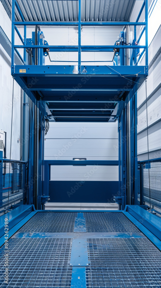 Fototapeta premium An industrial freight elevator platform used for handling cargo or manned operations during construction