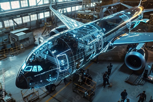 Futuristic aircraft assembly in hangar with holographic guidance for efficient building process photo