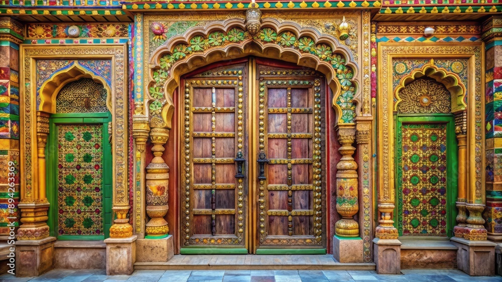 Obraz premium Intricately carved ancient wooden ornamental door with vibrant colors and golden accents adorns a historic Indian temple's entrance.