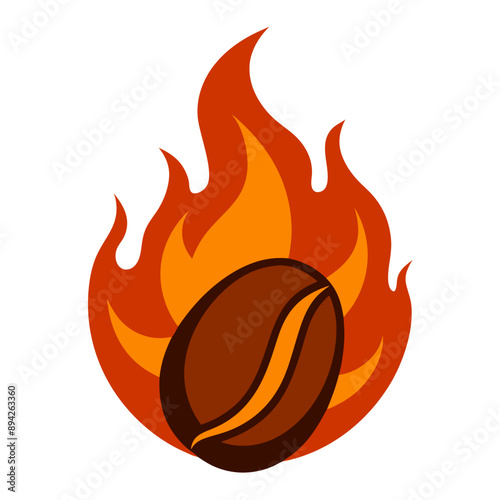cartoon coffee bean consumed by fiery blaze, roasting, energy, hot, transparent background