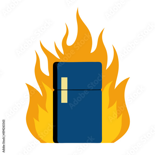  blue refrigerator, fridge freezer completely consumed by fierce flames
