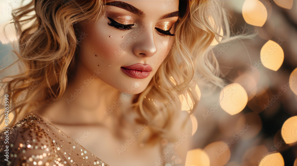 Blond woman wearing a sparkling gold dress, with perfect makeup and curly hair. Blond woman wearing a sparkling gold dress, with perfect makeup and curly hair.