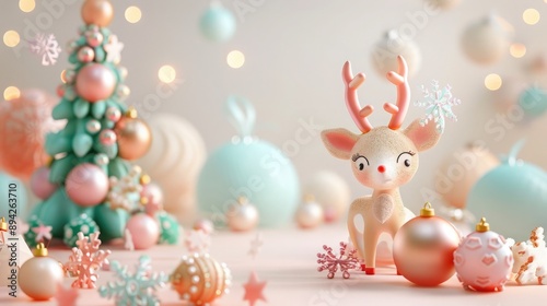 3D rendering of cute Christmas elements under studio lighting, featuring a joyful reindeer, pastel-colored baubles, and a whimsical Christmas tree on a soft pastel gradient background