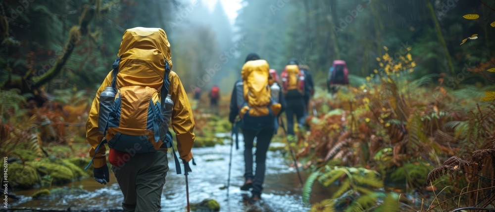 Fototapeta premium Group hiking trip through scenic trails