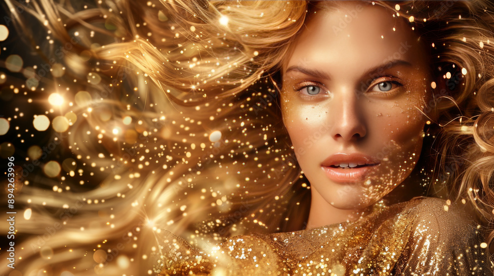 Blond woman wearing a sparkling gold dress, with perfect makeup and curly hair. Blond woman wearing a sparkling gold dress, with perfect makeup and curly hair.