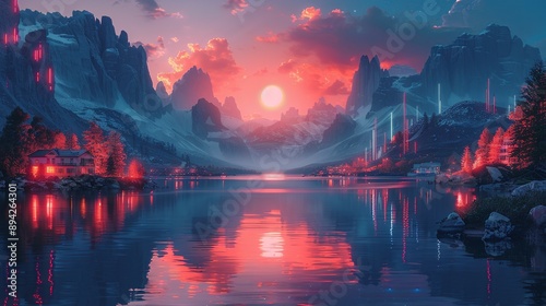 Serene landscape painting with symmetrical compositions and chromatic contrasts. neon lights and holograms on buildings, cyberpunk aesthetic, dark color grading, digital photography, double exposure, photo