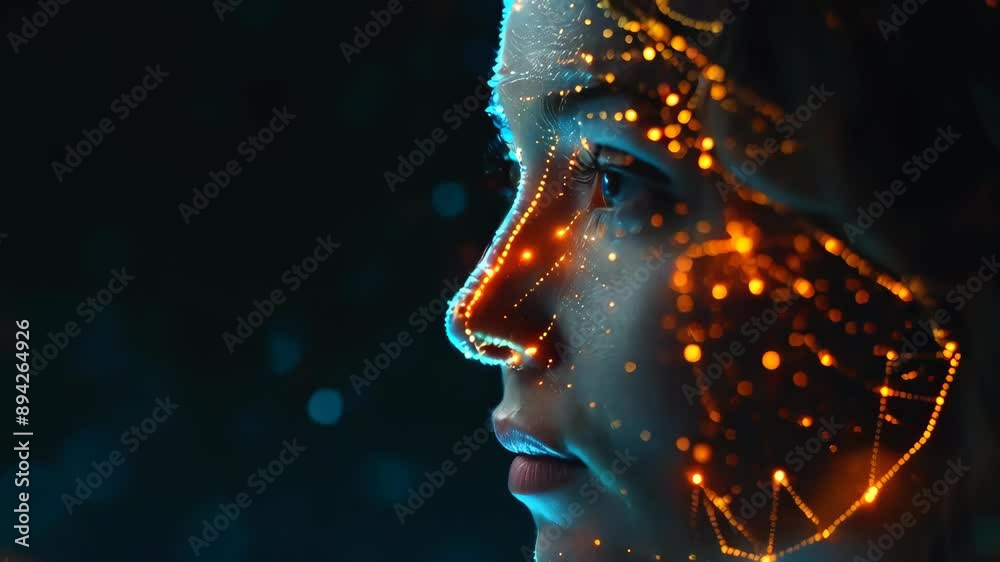 Close-up of a futuristic digital face with glowing data points. Dark background with bokeh lights. Concept of technology and innovation Close-up of a futuristic digital face with glowing data points. Dark background with bokeh lights. Concept of technology and innovation