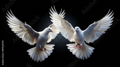 Majestic white doves soar elegantly against a dark black background, their gentle wings outstretched, evoking peace and serenity in the air. © Wanlop
