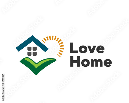 house love heart check mark with sun logo design template illustration