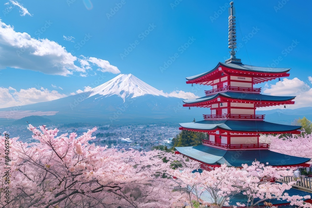 A beautiful Japanese landscape with cherry blossoms in full bloom, showcasing the iconic Chureito Pagoda and Mount Fuji under clear blue skies. The scene captures spring's vibrant colors A beautiful Japanese landscape with cherry blossoms in full bloom, showcasing the iconic Chureito Pagoda and Mount Fuji under clear blue skies. The scene captures spring's vibrant colors