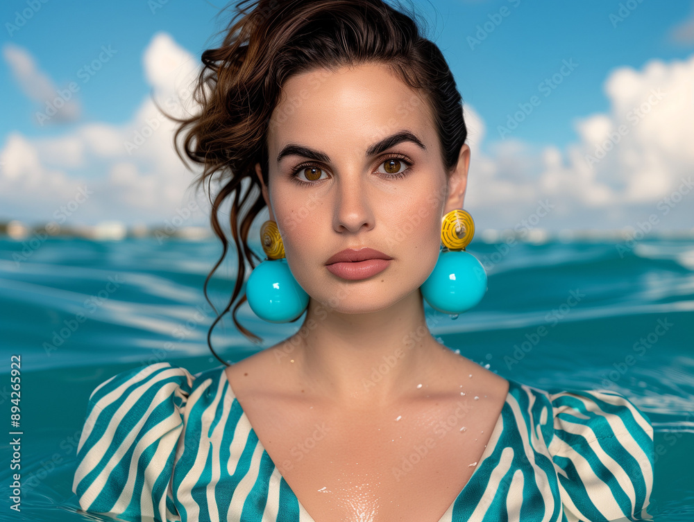 Top model posing in the water wearing turquoise earrings and zebra-striped outfit. Fashion editorial photography. Top model posing in the water wearing turquoise earrings and zebra-striped outfit. Fashion editorial photography.