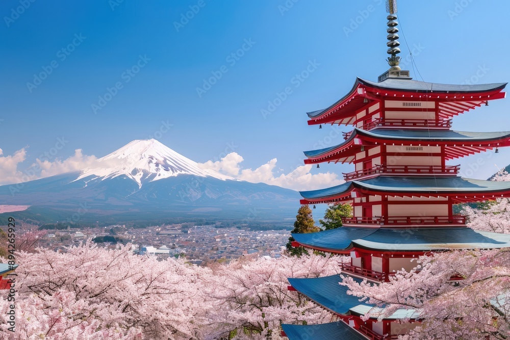 A beautiful Japanese landscape with cherry blossoms in full bloom, showcasing the iconic Chureito Pagoda and Mount Fuji under clear blue skies. The scene captures spring's vibrant colors A beautiful Japanese landscape with cherry blossoms in full bloom, showcasing the iconic Chureito Pagoda and Mount Fuji under clear blue skies. The scene captures spring's vibrant colors