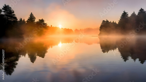 a-peaceful-morning-with-the-sun-rising-over-a-calm-lake-surrounded-by-mist-and-silhouetted-trees