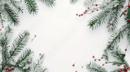 Minimalist Christmas background and simple, elegant pine branches with small red berries and a light dusting of snow, arranged around the edges of a clean white background