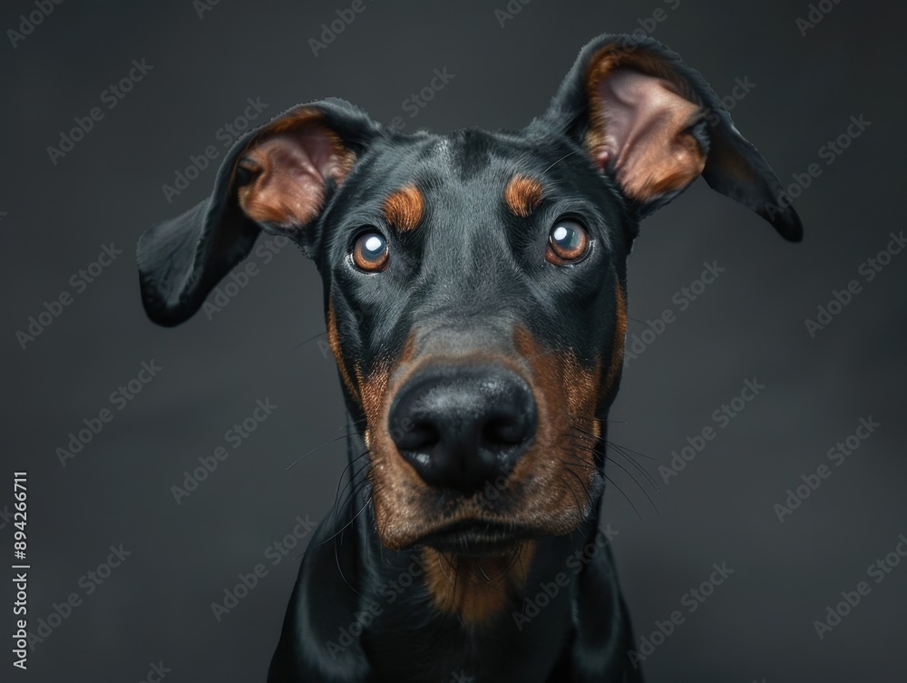 Portrait of a Doberman with reflective eyes, against a dark background. Portrait of a Doberman with reflective eyes, against a dark background.