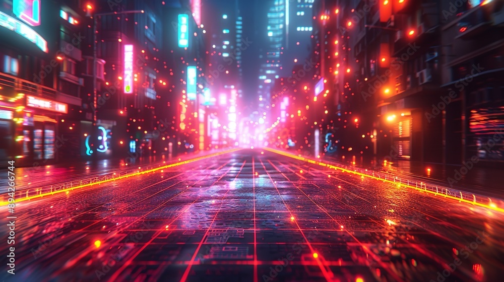Contoured lines forming a mosaic-like pattern with pixelated details. neon lights and holograms on buildings, cyberpunk aesthetic, dark color grading, digital photography, double exposure, negative Contoured lines forming a mosaic-like pattern with pixelated details. neon lights and holograms on buildings, cyberpunk aesthetic, dark color grading, digital photography, double exposure, negative