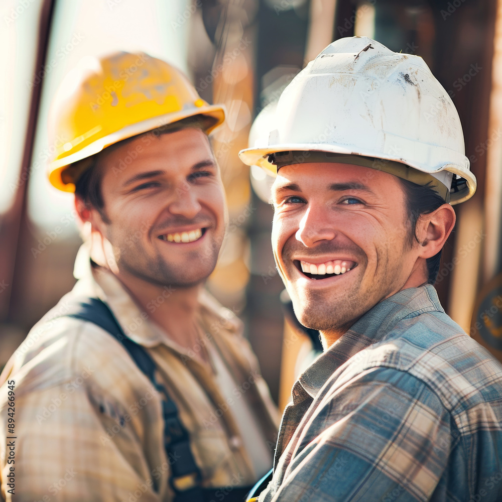 Builders in hard hats smile together at a construction site. Builders in hard hats smile together at a construction site.