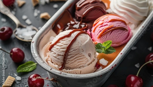 Delicious assorted ice cream flavors in a metal container, garnished with fresh cherries and mint leaves on a dark background. photo