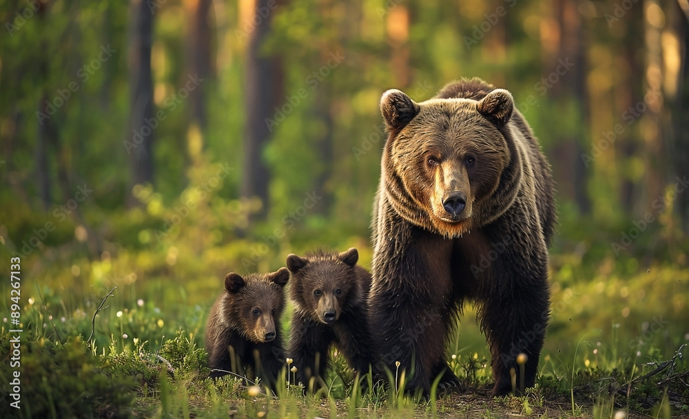 Brown Bear with Cubs in Summer Forest Brown Bear with Cubs in Summer Forest