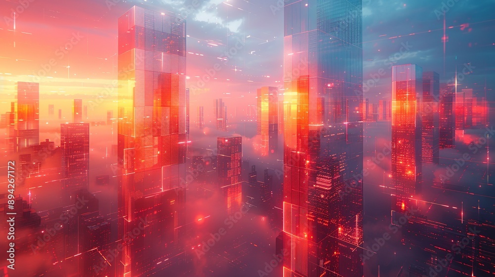 Obraz premium Opalescent abstract painting with radiant reflections and translucent layers. neon lights and holograms on buildings, cyberpunk aesthetic, dark color grading, digital photography, double exposure,