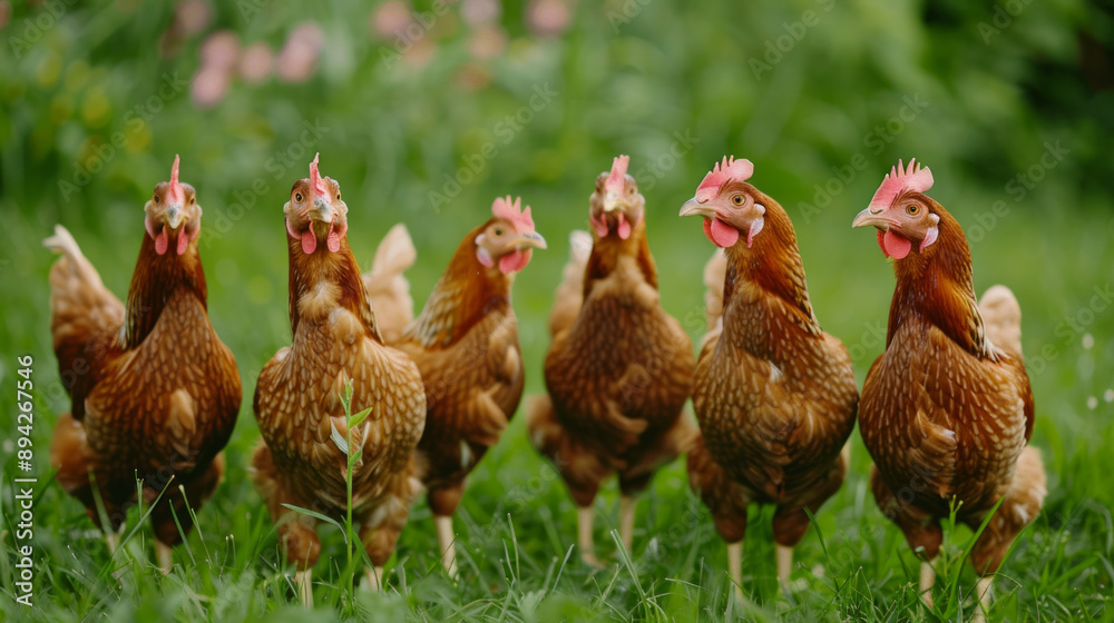 Fototapeta premium closeup of free range chickens on grassy field with rustic wooden chicken coop in the background Rhode Island Red chickens hens in nature roaming happy good life rural farm agriculture background