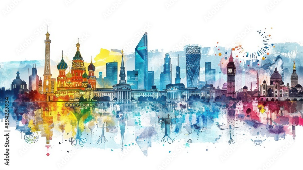 Fototapeta premium Watercolor painting of iconic landmarks from around the world.