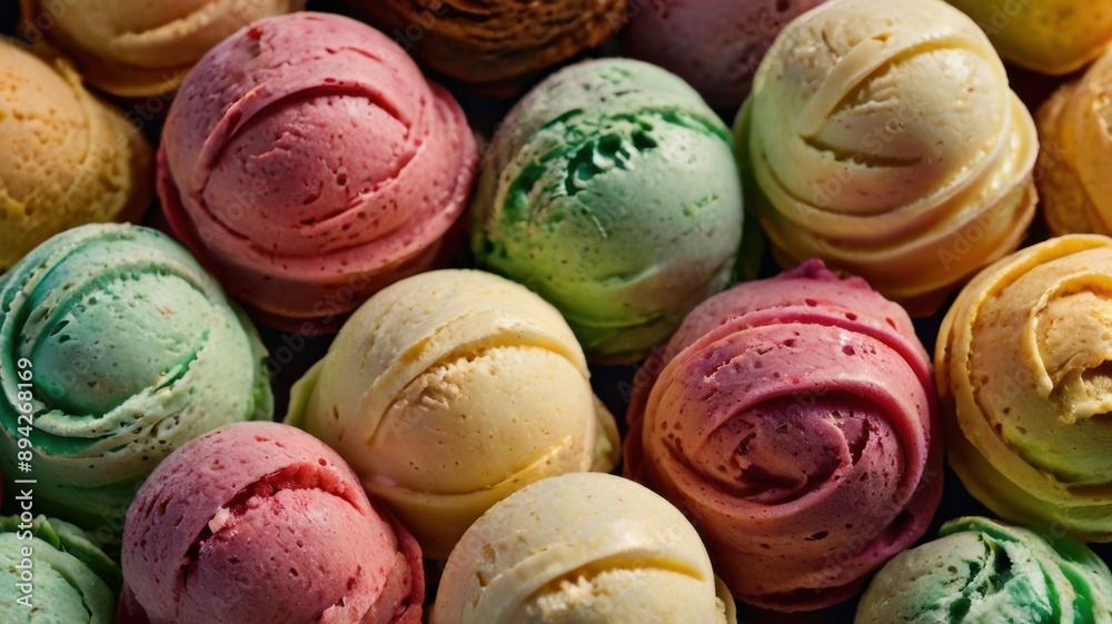 Vibrant gelato backdrop featuring scoops of various flavors, creating a colorful and appetizing visual appeal Vibrant gelato backdrop featuring scoops of various flavors, creating a colorful and appetizing visual appeal